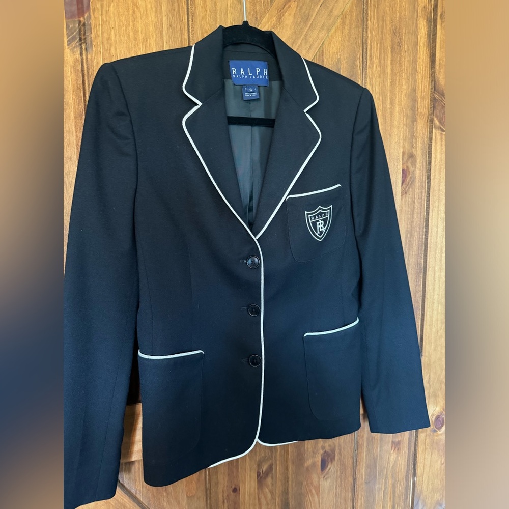 Vintage RALPH Ralph Lauren Blazer Jacket Womens 6 Black 100% Worsted Wool Crest - Picture 2 of 5